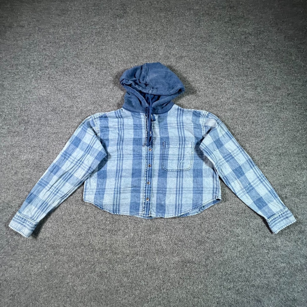 American Eagle Outfitters Hoodie Women's XS Blue Cotton Plaid Cropped Running